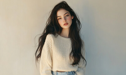 Fototapeta premium Portrait of a charming young woman with long dark hair and wearing a warm white sweater