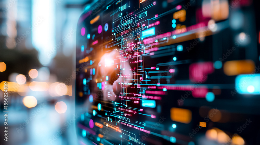 Poster abstract digital technology visualization with colorful data streams and glowing circuits in urban e