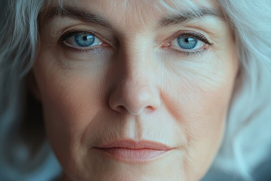 Close-up of a woman with gray hair and blue eyes showcasing a calm and contemplative expression in natural light