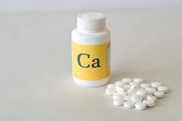 Calcium Supplement Pills Next to Container, osteoporosis prevention on beige backdrop, medical arrangement, bone health solution