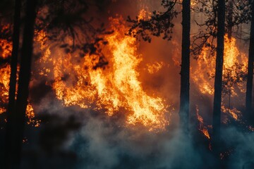 Forest fire engulfing trees and underbrush during a dry summer afternoon