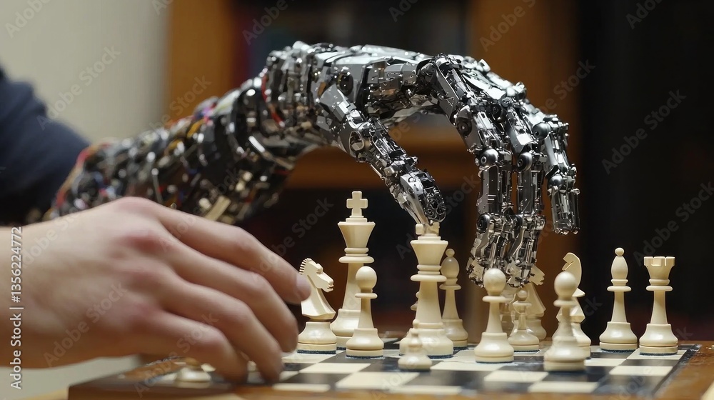 Poster in a calm environment, a highly advanced robotic hand strategically moves pieces on a wooden chessbo
