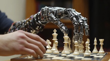 In a calm environment, a highly advanced robotic hand strategically moves pieces on a wooden chessboard, challenging a focused human player. The game unfolds with intense concentration