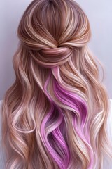Fototapeta premium Stylish wavy hairstyle with pink highlights showcased on long hair, capturing a trendy look perfect for special occasions or everyday elegance