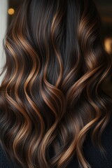 Naklejka premium Smooth wavy dark hair with caramel highlights styled elegantly for a classy look in a cozy indoor setting during the evening