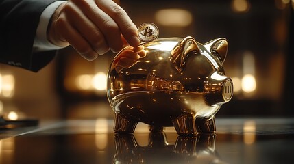 A close-up of a businessperson’s hand elegantly placing a gold coin into a sleek, futuristic piggy bank, symbolizing strategic financial investment, high-end corporate setting, ultra-HD,