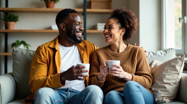 African American Couple Enjoying Coffee Together On Couch Intimate Relationship Moment Home Connection Black Love Morning Ritual Dating Relaxation Togetherness Happiness Bonding. - Powered by Adobe