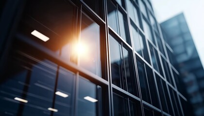 Evening view of a commercial office building, bright windows creating a geometric pattern against the dark city skyline