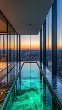 Luxurious onyx penthouse featuring indoor pool marble walls waterfall accents upscale interior design modern lighting high ceiling panoramic windows elegant furniture architecture residence retreat