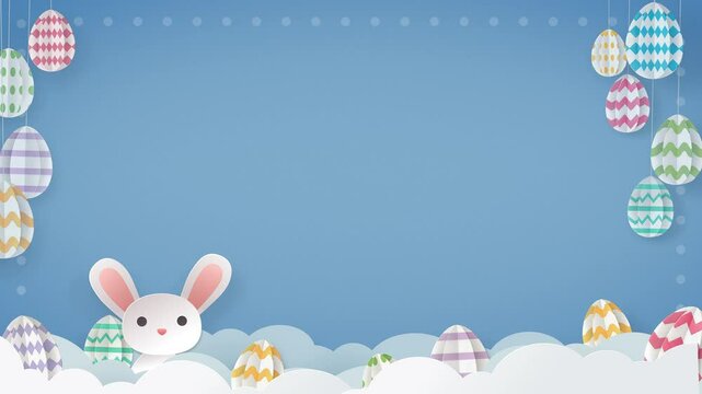 Happy Easter Cute Animated Card Border Template with free space text placeholder bunny eggs blue background 4K 60fps