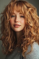 Naklejka premium Beautiful young woman with curly red hair smiles softly in a cozy indoor setting during daylight hours