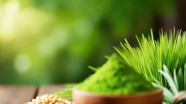 A wooden bowl filled with finely green organic powder like wheatgrass, surrounded by fresh, vibrant green wheatgrass herb blades, on a wooden table, in a rustic, natural layout
