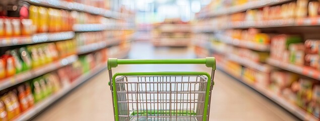 Grocery Shopping Cart in Supermarket Aisle