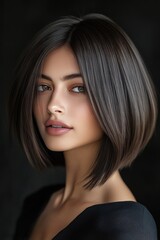 Fototapeta premium Elegant short hairstyle showcases modern bob cut against a dark background highlighting the subject's features in a minimalist style
