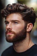 Obraz premium Young man with modern hairstyle and beard in urban setting during daylight hours captures attention in thoughtful pose