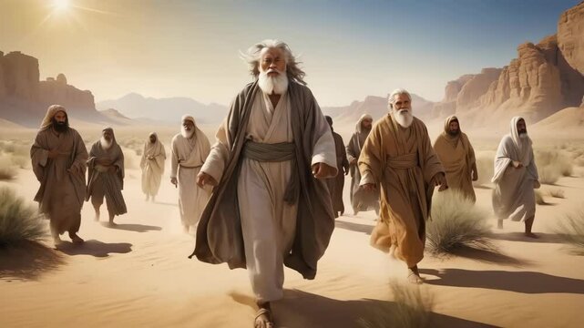 An aged, weathered prophet, with a determined expression, striding through the arid desert alongside his devoted disciples. A powerful scene capturing the essence of faith, guidance, and strength.