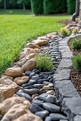 Pebbles and stones create a beautiful garden edge along green grass during daytime in a well-maintained landscape