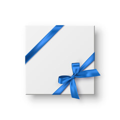 White box with blue ribbons and bow. Blue wrapping decoration on transparent background. Gift box decoration. Realistic 3d vector illustration.