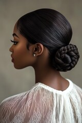 Elegant braided bun hairstyle showcased by a woman in profile against a neutral background during a serene indoor setting