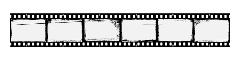 Film strip frame in grunge style. Retro cinema tape in black and white. Classic 35mm strip for photography, retro-themed designs, photo collage templates. Seamless vector illustration on transparent.