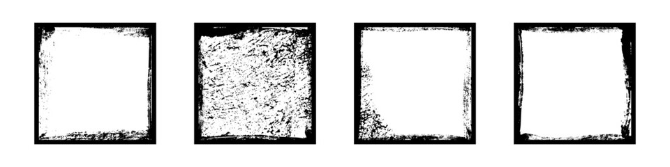 Black frames with worn paper effect on white background. Textured squares with old, grunge, grainy, vintage, worn, dust effect. Simple object mockup. Realistic vector illustrations set.