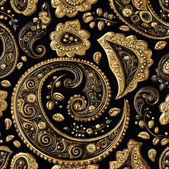 Gold Paisley Pattern  Luxury Black   Gold Floral Design  Seamless Textile Print