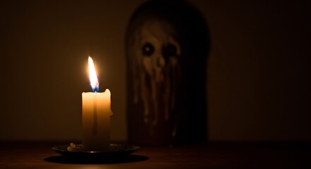 Glowing Candle Obscurely Lights Melted Skull. AI Generated
