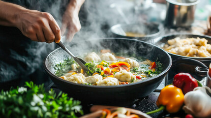 Chef cooking dumplings in a steaming pan