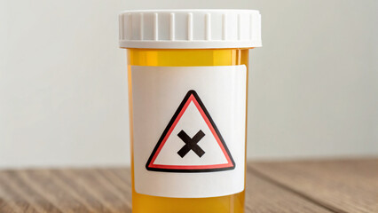 Prescription bottle with warning label indicating hazardous contents on a table