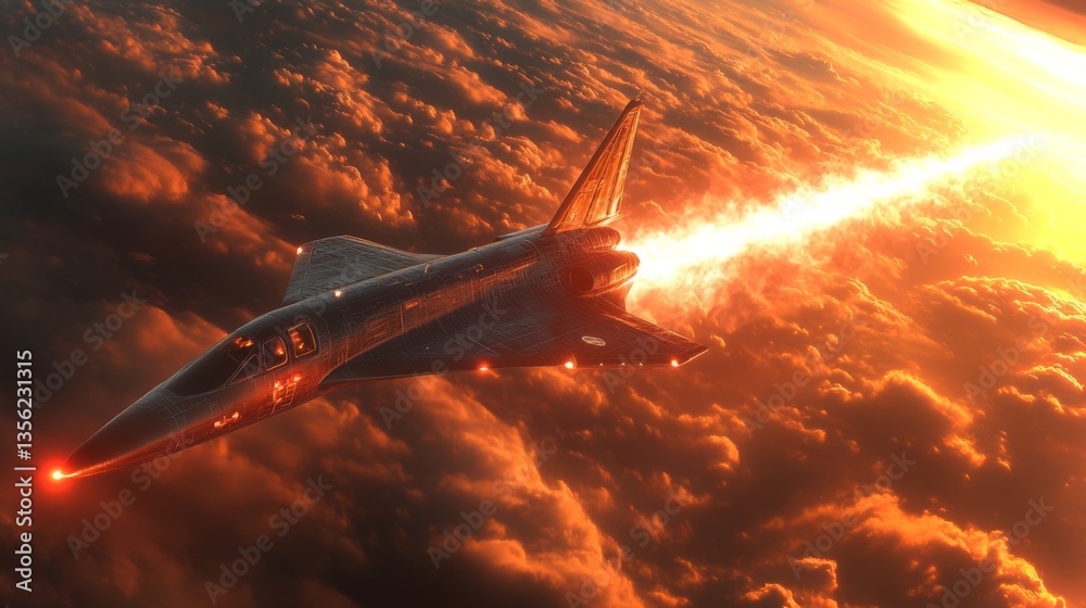 Poster a sleek rocket powered spaceplane ascends through vibrant clouds at high speed, showcasing advanced 