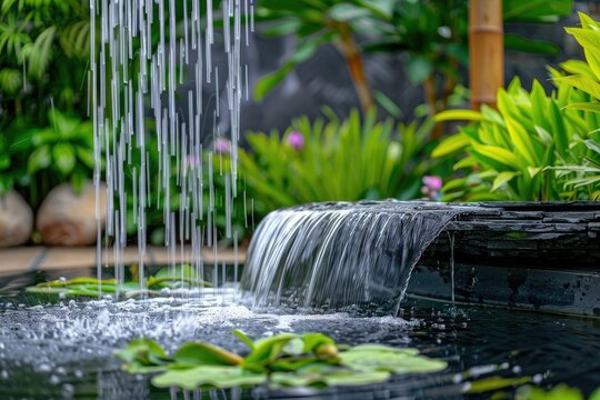 Clear Pixel Image of Modern Outdoor Water Feature with Fountain and Waterfall