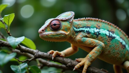 Obraz premium Motion Capture Generate an image showing the chameleon in motion, perhaps reaching for a leaf or changing color, to convey a sense of energy and interaction with its environment.
