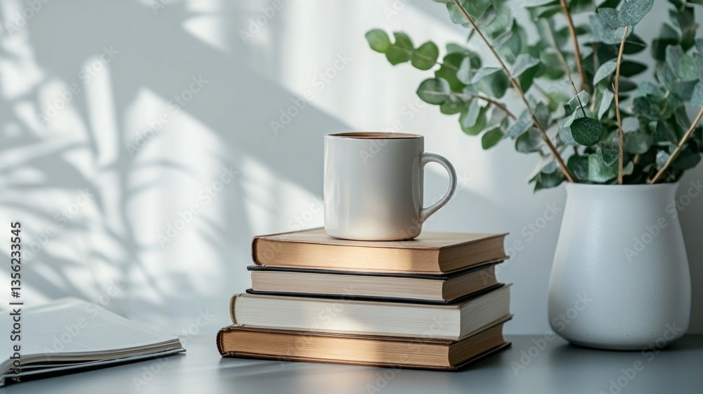 Aufkleber a serene morning setup shows a stack of books with a white mug resting on top. soft shadows dance ac