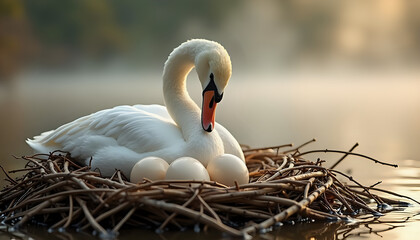 a white swan sitting in a nest on the water