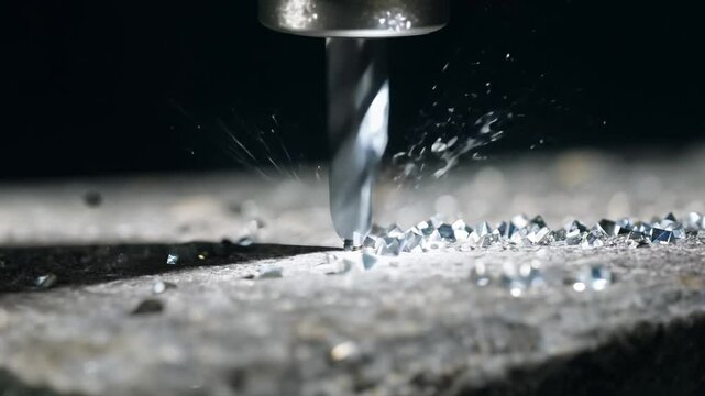 Zoom in video of a diamond-tipped drill bit precisely carving into granite, illuminated by a focused spotlight in a stone quarry