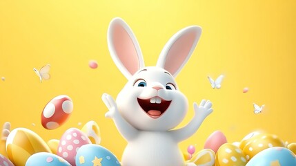 Fototapeta premium Whimsical 3D Easter Bunny Dancing with Colorful Eggs on Golden Yellow Backdrop, Cartoon-Styled Digital Art for Children's Mobile Games, Spring Festival E-Cards, or Interactive Learning Materials.