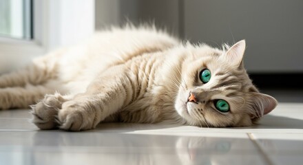 Creamy cat basks softly in sunlit room serene peaceful atmosphere. AI Generated