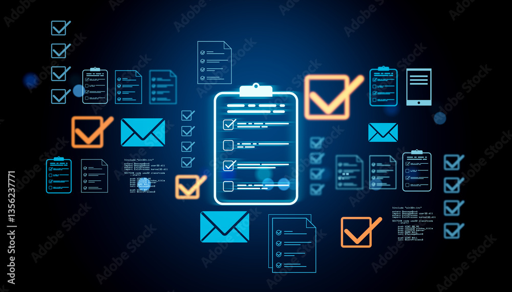 Poster Digital checklist and document management icons on dark blue glowing background. 3D Rendering
