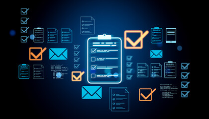 Digital checklist and document management icons on dark blue glowing background. 3D Rendering