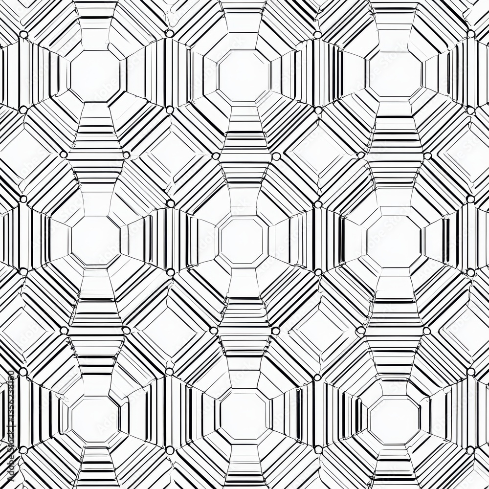Wall mural black and white geometric pattern with hexagon and octagon shapes featuring intersecting lines and s
