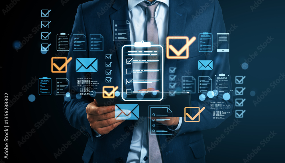 Poster businessman using digital tablet with floating holographic icons of documents, emails, and checklist