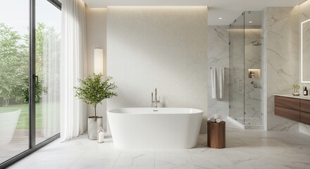 Fototapeta premium Serene modern bathroom soft light elegant design. AI Generated