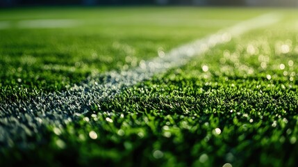 Naklejka premium Green grass field with field lines and soccer ball in focus. Super Bowl background.