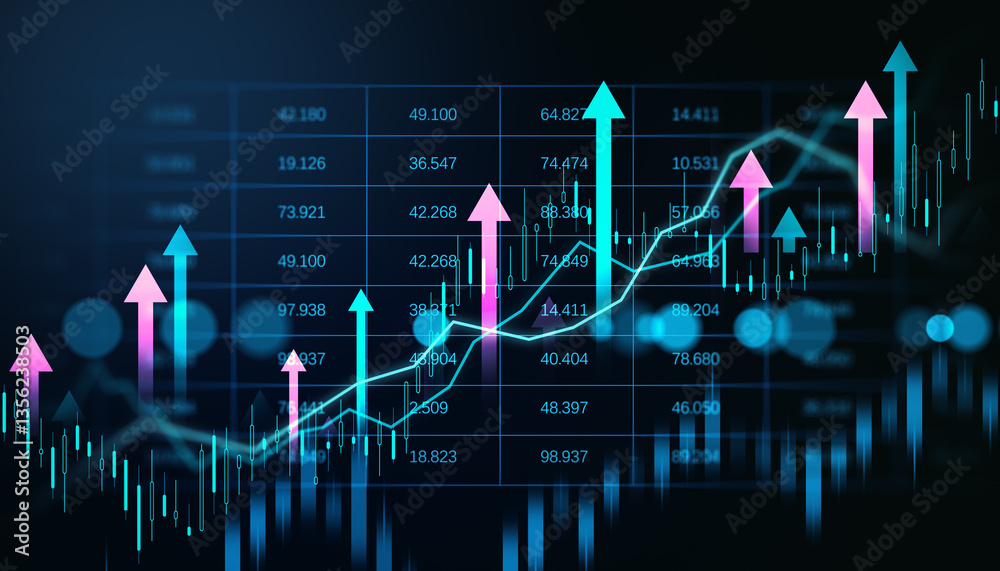Poster digital financial stock market chart with rising arrows. 3d rendering