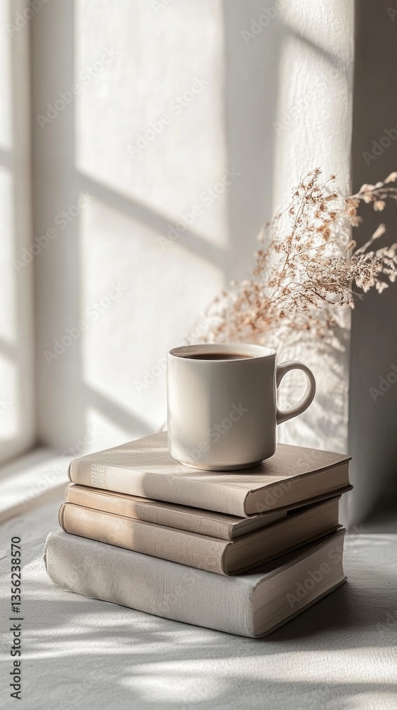 Poster soft morning light filters through a window, casting gentle shadows on a simple white coffee cup pla