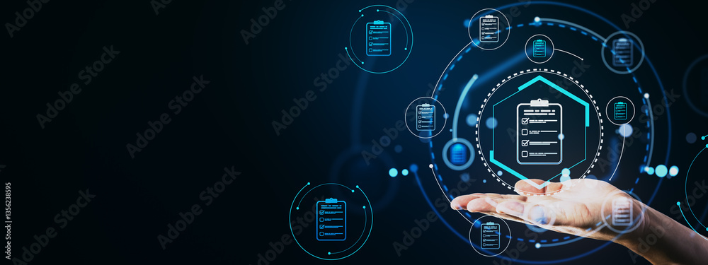 Aufkleber Digital document management interface with checklist icons floating above a person's hand.