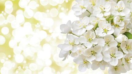 Fototapeta premium White blossoms, spring bouquet, bokeh background, greeting card design