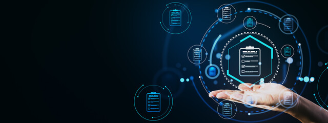 Digital document management interface with checklist icons floating above a person's hand.