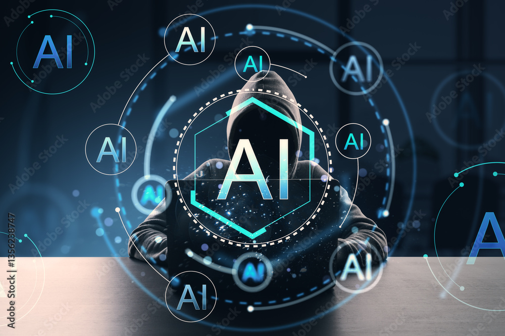 Aufkleber anonymous hacker in hoodie sitting at desk with glowing ai symbols in futuristic digital background.