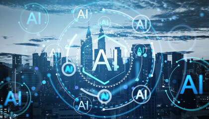 AI technology with futuristic digital interface over city skyline at dusk.
